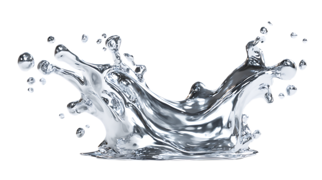 3D render of liquid chrome splash with reflective metallic surface and droplets.