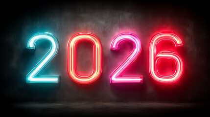 Abtract neon blue and pink light trail for mining and the word 2026