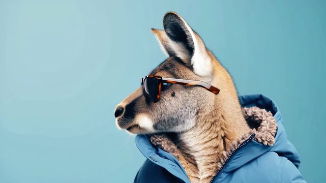 Humanized Stylish kangaroo in fashionable jacket and hoodie on bright background. Advertisement, banner, copy space. Sale, fashion and style concept.