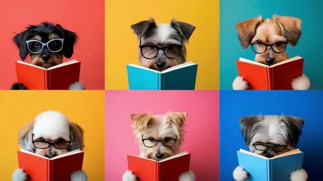Collage set of funny clever dogs different breeds with glasses and book on colored background
