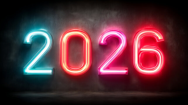 Abtract neon blue and pink light trail for mining and the word 2026 - Powered by Adobe