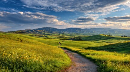Obraz premium Scenic dirt path winding through rolling green hills under a dramatic cloudy sky