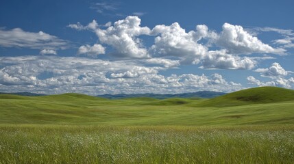 Obraz premium Vast rolling green hills under a dramatic blue sky with fluffy white clouds