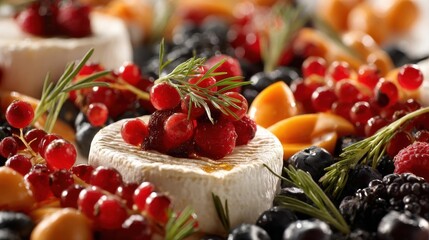 Creamy cheese rounds topped with fresh berries, herbs, and surrounded by assorted fruits for a vibrant, appetizing display.