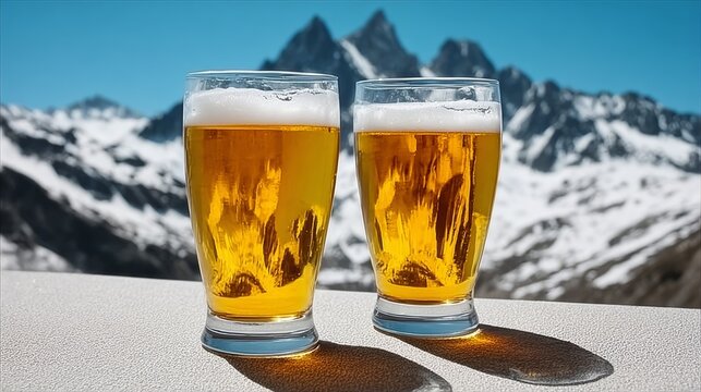 Two glasses of golden beer with frothy tops are placed on a table overlooking majestic snow-capped mountains under a clear blue sky, creating a refreshing outdoor drinking experience