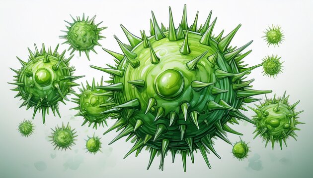 green viral cells with spikes floating isolated on white cutout background