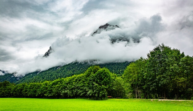 Mountain with clouds in Mittenwald in the Karwendel Mountains