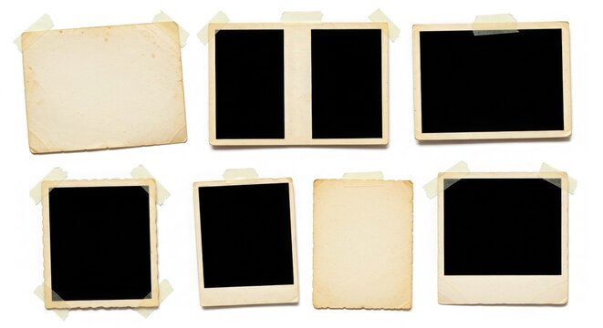 Collection of vintage photo frames isolated on white background with tape