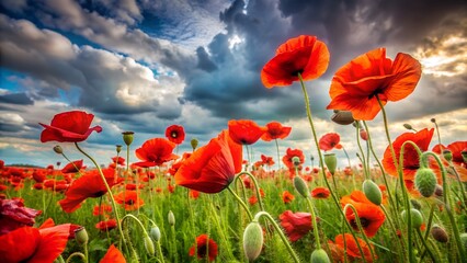 Naklejka premium Vibrant red poppies bloom in a sunlit field under a dramatic stormy sky