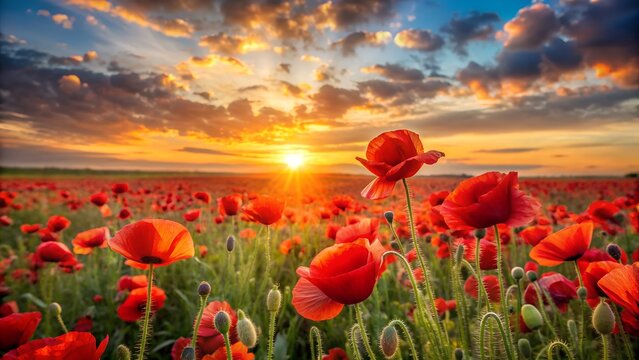 Vibrant red poppies bloom in a vast field under a dramatic and colorful sunset sky with golden light - Powered by Adobe
