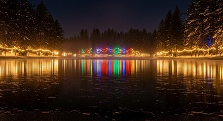 Obraz premium Festive lights reflecting on the calm lake at night during the winter season