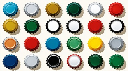 Colorful bottle caps arranged in a grid pattern on a light background, showcasing various colors and textures, perfect for design projects or creative mockups with copy space