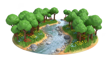 Stylized miniature forest landscape with winding river and lush green trees isolated on transparent background
