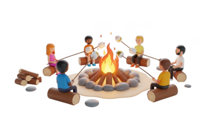Claymation figures gathered around a campfire roasting marshmallows on a transparent background isolated on transparent background