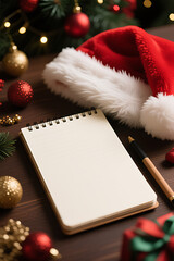 Christmas Holiday Background with Santa Hat and Blank Notebook for Your Message

