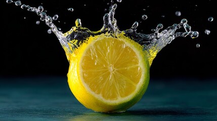 Fresh lemon half splashing into water, creating dynamic droplets and ripples, showcasing vibrant yellow color against a dark background, emphasizing freshness and vitality in culinary presentations