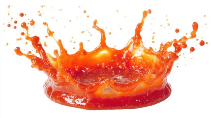 Vibrant orange liquid splashes upwards in a dynamic crown shape against a clean white background