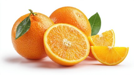 Fresh ripe oranges with leaves and slices on a white background