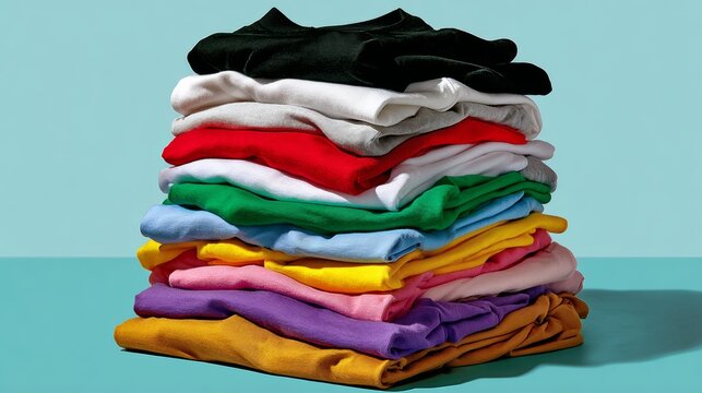 Colorful stack of neatly folded t-shirts in various shades, showcasing vibrant textiles and smooth fabrics, ideal for fashion displays or clothing retail mockups with copy space for branding