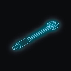 Neon blue glowing audio jack cable connector illuminating the dark