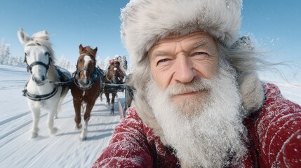 Obraz premium Elderly man with long white beard wearing a red coat, smiling joyfully while riding in a horse-drawn sleigh through a snowy landscape, capturing the essence of winter festivities and holiday spirit