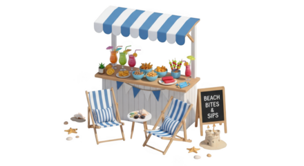 Charming miniature beach drink stand with striped chairs and refreshing beverages isolated on transparent background