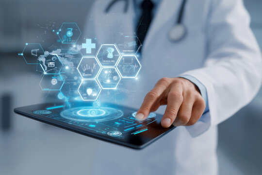 Close-up of a doctor using a digital tablet with a medical interface in a sleek modern clinic, technology in healthcare concept