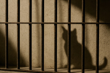 The shadow of the cat cast by the grate creates the illusion of freedom.