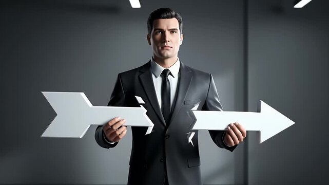 Formal Businessman In Dark Suit Holding Broken Arrow in a Gray Background With Bright Overhead Lighting Studio Shot, Business Concept Idea