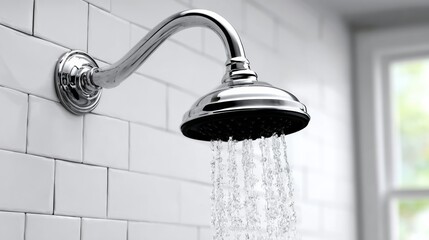 Chrome showerhead with cascading water droplets, mounted on tiled wall, creating a refreshing atmosphere in a modern bathroom, showcasing the elegance of contemporary plumbing design and functionality