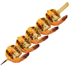 Grilled Skewered Shrimp Isolated on White or Transparent Background