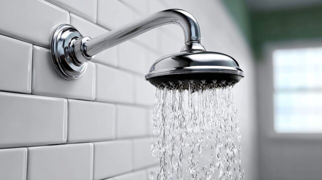 Chrome showerhead with water cascading down, mounted on white tiled wall, creating a refreshing atmosphere in a modern bathroom, highlighting the elegance of bathroom fixtures and water flow - Powered by Adobe