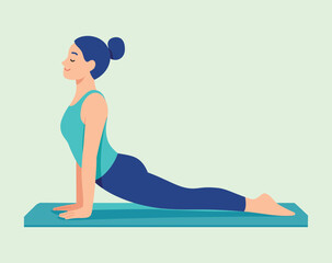 Flat Illustration Woman Doing Yoga Cobra Pose on Exercise Mat