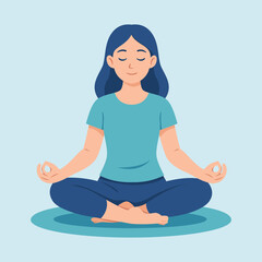 Flat Woman Meditating In Lotus Position On Yoga Mat Illustration