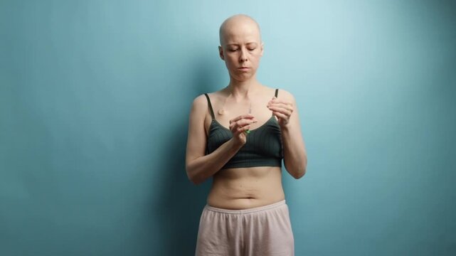 Bald woman preparing a syringe for self-injection during cancer treatment, standing against a blue background,medical therapy, healthcare, and patient resilience during chemotherapy 