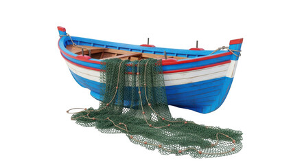 Colorful fishing boat with green net displayed isolated on transparent background