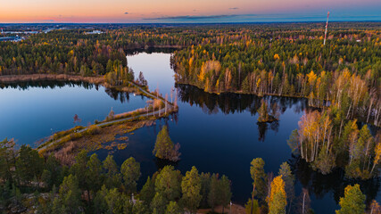 Drone View of Finnish Lake in Golden Autumn Light