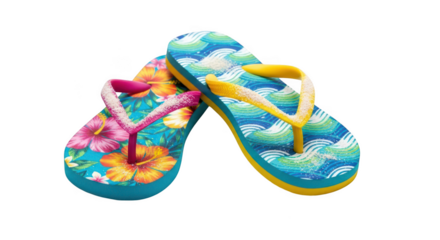 Brightly colored tropical floral and wave pattern flip flops isolated on transparent background