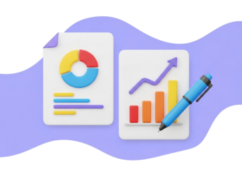 3d illustration of a pie chart and bar graph with a pen, representing data analysis isolated on transparent background