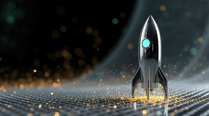 Futuristic 3D rocket launching with glowing sparks symbolizing innovation, technology, startup growth, digital success and space exploration, cinematic metallic design on dark backgroundi