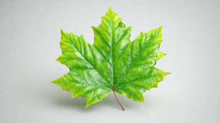 A single vibrant green maple leaf with detailed veins on a light gray background