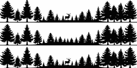 Black silhouette forest landscape with deer and evergreen trees on white background