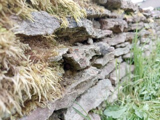 An old stone wall covered with moss
