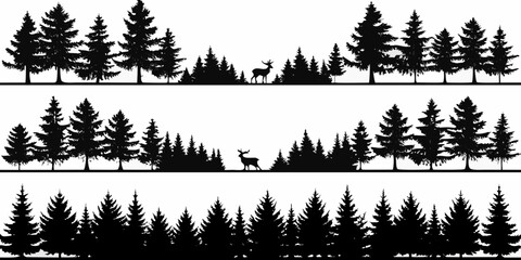 Three horizontal silhouette banners featuring evergreen trees and two deer in a forest landscape