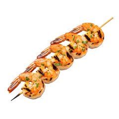Grilled Skewered Shrimp Isolated on White or Transparent Background