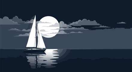 Sailboat glides on the water under a bright moon night