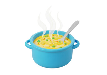 A 3d rendered blue pot filled with steaming soup and a spoon, isolated on transparent background
