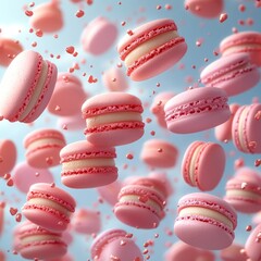 Obraz premium Pink and red macarons drift in the air, capturing a delightful atmosphere of sweetness