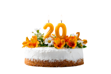 Birthday cake with candles-numbers transparent background for designers, marketers and IT professionals. Popular illustration, object, texture. Food, flowers, natural space for text. Positive.