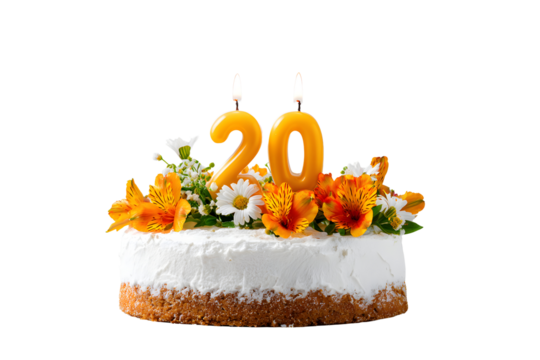 Birthday cake with candles-numbers transparent background for designers, marketers and IT professionals. Popular illustration, object, texture. Food, flowers, natural space for text. Positive.
